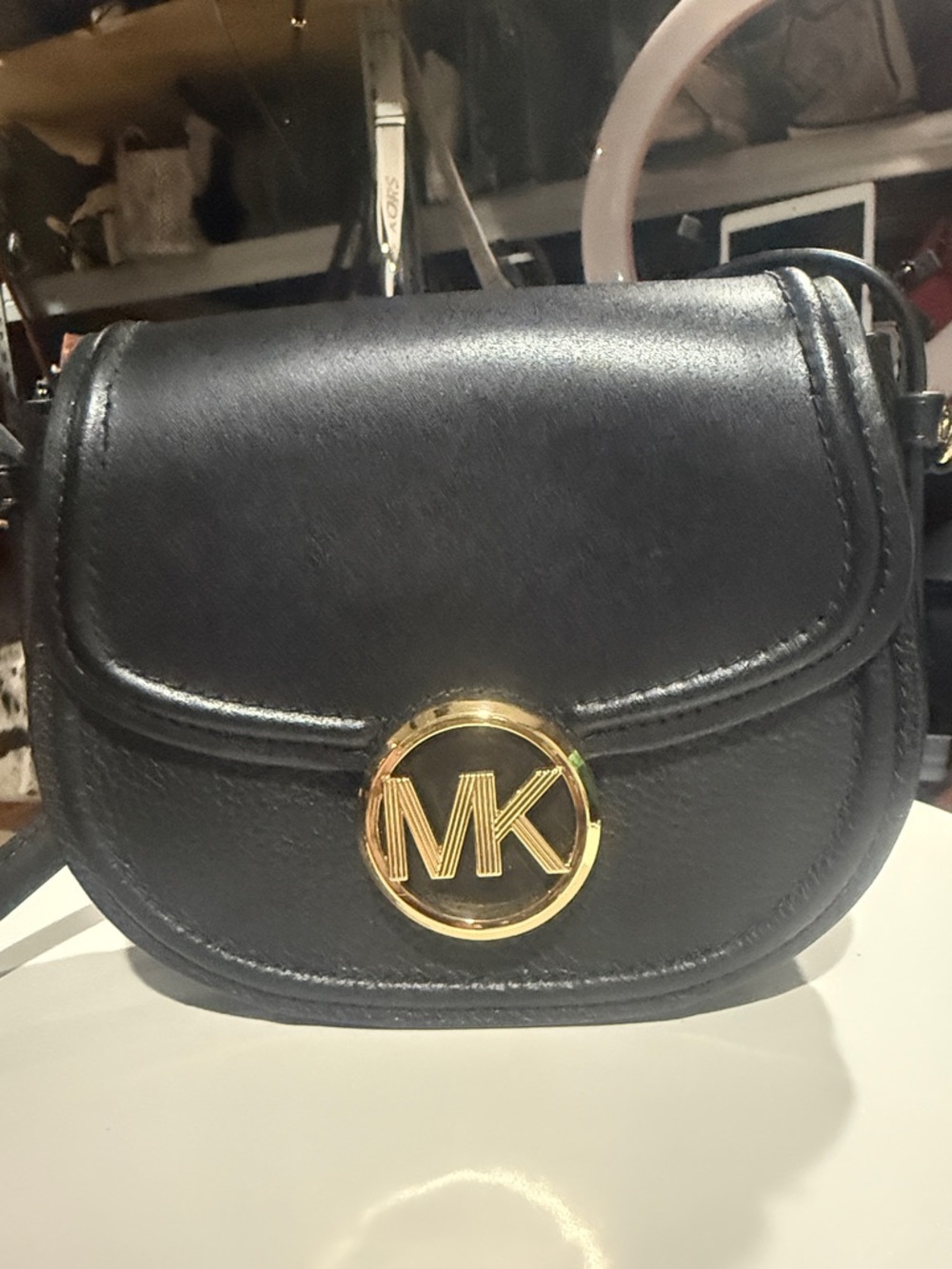 Michael Kors Fulton Black Crossbody Saddle Bag with Gold MK Logo